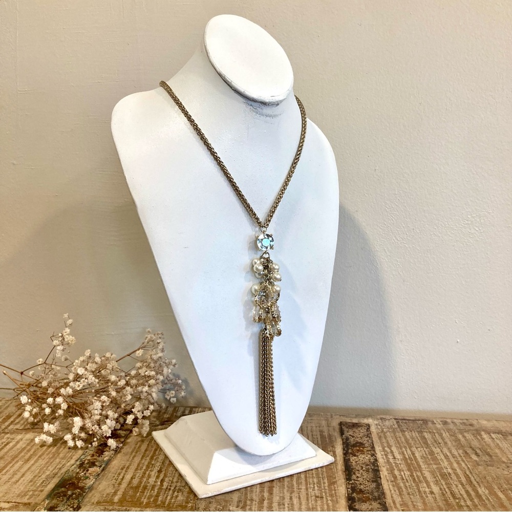 WHBM Gold Tone Tassel and Chain Necklace Faux Crystals Faux Pearls Long - Picture 2 of 13